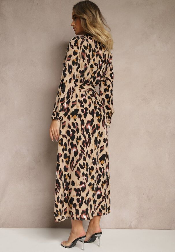 Renee - Brązowa Panterkowa Sukienka z Kopertowym Dekoltem Koronką Paskiem i Gumką w Talii Siavindra. Okazja: na co dzień, na imprezę. Typ kołnierza: dekolt kopertowy. Kolor: brązowy. Materiał: koronka. Wzór: koronka. Typ sukienki: kopertowe. Styl: casual, elegancki, rockowy