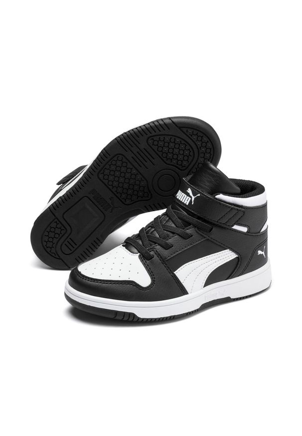 Buty do chodzenia dla dzieci Puma Rebound Layup SL V PS. Wysokość cholewki: za kostkę. Zapięcie: rzepy. Kolor: biały, wielokolorowy, czarny. Materiał: guma, materiał, tkanina, syntetyk. Szerokość cholewki: normalna. Sport: turystyka piesza