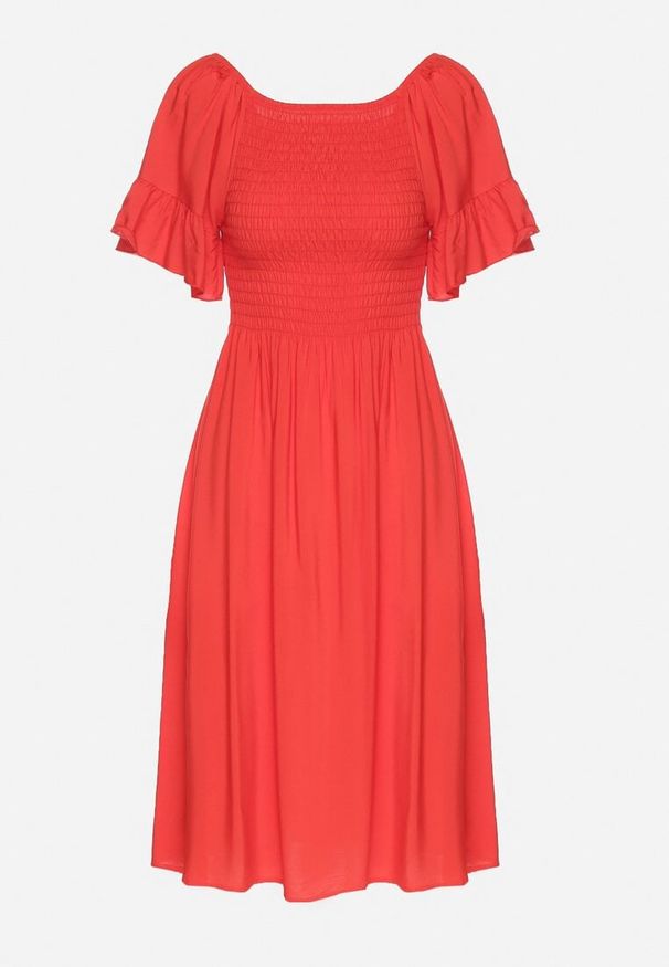 Born2be - Czerwona Rozkloszowana Sukienka Bawełniana z Bufiastymi Rękawami i Elastyczną Górą Veliova. Okazja: na co dzień. Kolor: czerwony. Materiał: bawełna. Styl: casual, elegancki