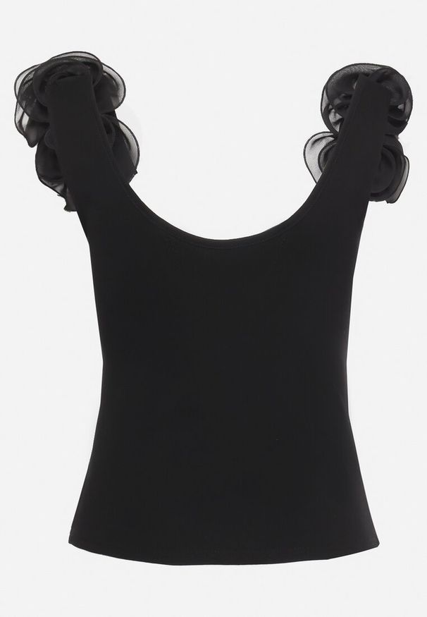 Born2be - Czarny Bawełniany Top Koszulka bez Rękawów z Ozdobną Aplikacją Tannestia. Okazja: na co dzień. Kolor: czarny. Materiał: bawełna. Długość rękawa: bez rękawów. Wzór: aplikacja. Styl: casual, elegancki