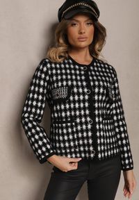Renee - Czarny Wiskozowy Kardigan Ozdobiony Wzorem w Pepitkę i Guzikami Saveri. Kolor: czarny. Materiał: wiskoza. Wzór: aplikacja. Styl: retro, elegancki
