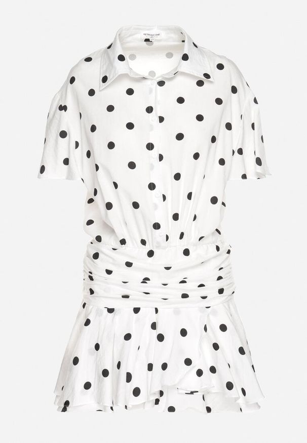 Born2be - Biała Sukienka Ozdobiona Falbankami Rinaritia. Okazja: na co dzień. Typ kołnierza: kołnierz z falbankami. Kolor: biały. Materiał: skóra. Wzór: aplikacja. Sezon: wiosna. Styl: casual, elegancki