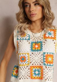 Renee - Beżowy Krótki Top Bluzka Ażurowa bez Rękawów z Bawełny Malecy. Kolor: beżowy. Materiał: bawełna. Długość rękawa: bez rękawów. Długość: krótkie. Wzór: ażurowy