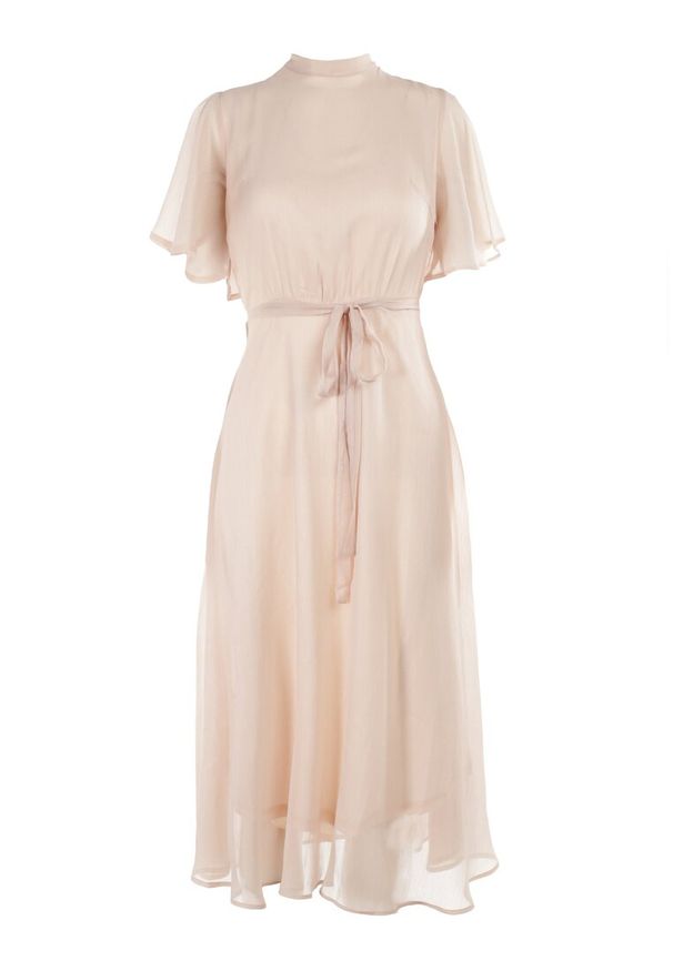 Born2be - Beżowa Sukienka o Rozkloszowanym Kroju z Wiązaniem Acsophia. Kolor: beżowy. Materiał: tkanina, materiał. Długość rękawa: krótki rękaw. Styl: elegancki, wizytowy. Długość: midi