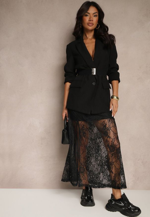 Renee - Czarna Koronkowa Spódnica o Rozkloszowanym Kroju z Rozcięciem Zarlaura. Okazja: na co dzień. Kolor: czarny. Materiał: koronka. Wzór: aplikacja. Styl: casual, elegancki