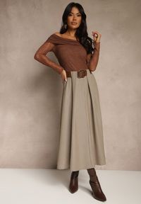 Renee - Beżowa Spódnica z Wiskozą o Rozkloszowanym Kroju z Paskiem z Klamrą Tiavela. Okazja: na co dzień. Kolor: beżowy. Materiał: wiskoza. Styl: elegancki, casual