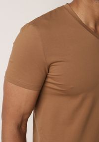 Born2be - Brązowa Koszulka T-shirt z Bawełny z Dekoltem w Serek Rionisse. Okazja: do pracy, do domu. Typ kołnierza: dekolt w serek. Kolor: brązowy. Materiał: bawełna. Styl: elegancki, klasyczny #3