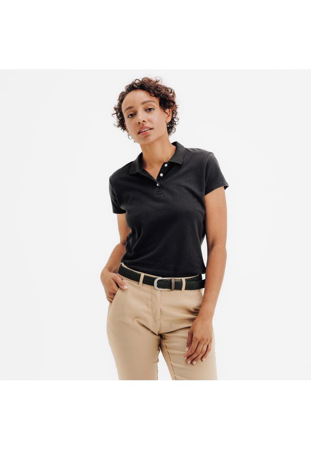 INESIS - Koszulka polo do golfa damska z krótkim rękawem Inesis MW100. Typ kołnierza: golf, polo. Kolor: czarny. Materiał: bawełna, materiał. Długość rękawa: krótki rękaw. Długość: krótkie. Wzór: ze splotem. Styl: sportowy, elegancki