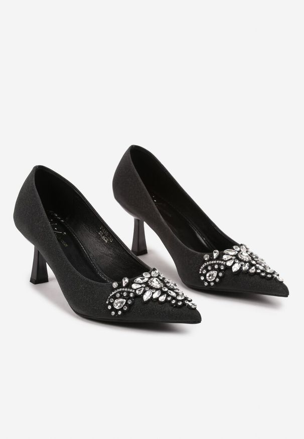 Renee - Czarne Eleganckie Czółenka na Szpilce z Brokatem i Cyrkoniami Arkana. Okazja: na co dzień, na imprezę. Nosek buta: szpiczasty. Kolor: czarny. Obcas: na szpilce. Styl: elegancki