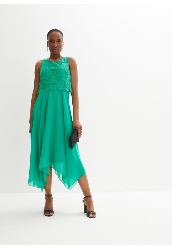 bonprix - Sukienka szyfonowa z koronką. Kolor: zielony. Materiał: szyfon, koronka. Wzór: koronka. Styl: elegancki, wizytowy