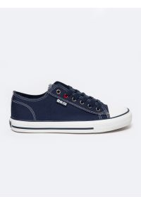 Big-Star - Trampki męskie niskie granatowe JJ174606 403. Okazja: na imprezę, do pracy, na uczelnię. Kolor: niebieski. Materiał: materiał, len, jeans. Styl: klasyczny