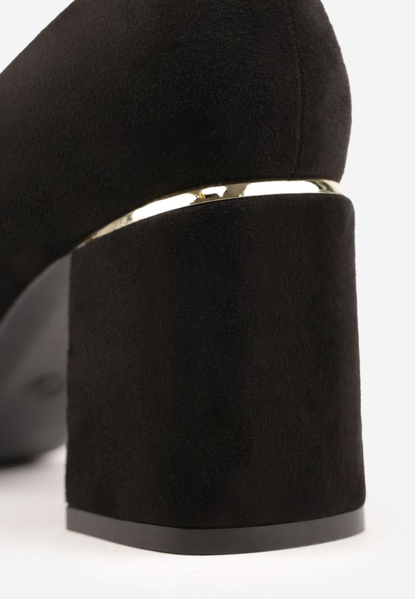 Renee - Czarne Czółenka na Słupku z Metalicznym Zdobieniem Hydrani. Kolor: czarny. Wzór: aplikacja. Obcas: na słupku. Styl: wizytowy, elegancki