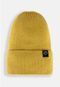 Volcano - Zimowa czapka damska beanie H-CHILLI. Kolor: żółty. Materiał: akryl, dzianina, skóra. Wzór: ze splotem. Sezon: zima. Styl: klasyczny