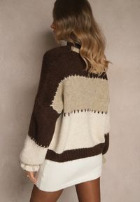 Renee - Brązowy Oversizowy Kardigan w Patchworkowym Stylu z Guzikami i Domieszką Wełny Atavita. Kolor: brązowy. Materiał: wełna. Sezon: zima #4