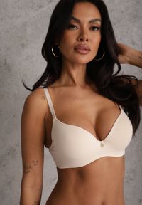 Renee - Beżowy Biustonosz Push Up o Gładkim Wykończeniu z Cyrkoniową Aplikacją Claronei. Kolor: beżowy. Rodzaj stanika: push-up. Wzór: gładki, aplikacja #1