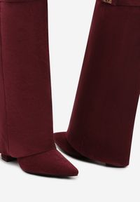 Born2be - Bordowe Kozaki na Słupku z Wywiniętą Cholewką Gafsena. Okazja: na co dzień. Kolor: czerwony. Materiał: jeans. Szerokość cholewki: normalna. Sezon: wiosna, zima, jesień. Obcas: na słupku. Styl: casual. Wysokość obcasa: średni #4