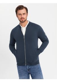 Ombre Clothing - Rozpinana bawełniana bluza męska dresowa bomberka – granatowa V4 - Rozmiar: L. Okazja: na co dzień. Kolor: niebieski. Materiał: dresówka, bawełna. Wzór: aplikacja. Styl: sportowy, casual, elegancki