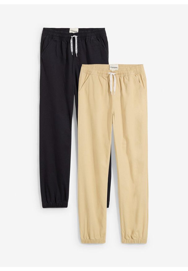 bonprix - Spodnie Regular Fit z gumką w talii, z czystej bawełny (2 pary). Kolor: czarny. Materiał: bawełna