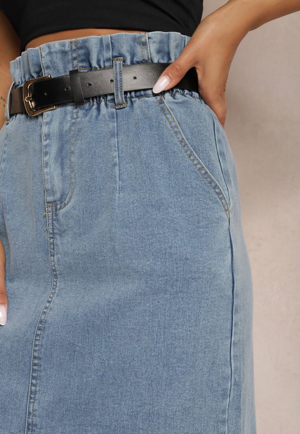 Renee - Niebieska Bawełniana Spódnica High Waist z Rozcięciem Paskiem i Gumką w Talii Crisbella. Okazja: na co dzień. Stan: podwyższony. Kolor: niebieski. Materiał: bawełna. Styl: casual, elegancki