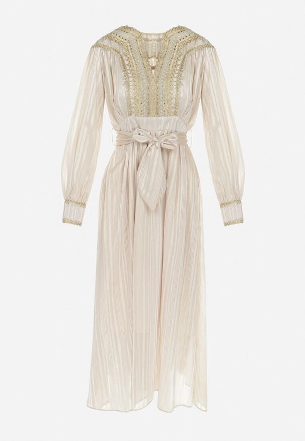 Born2be - Beżowa Sukienka z Metaliczną Nitką i Koronkowym Dekoltem Karissa. Kolor: beżowy. Materiał: koronka. Długość rękawa: długi rękaw