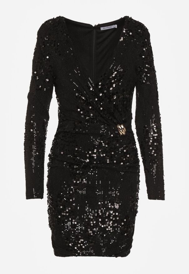 Born2be - Czarna Cekinowa Sukienka o Dopasowanym Kroju z Dekoltem V Lowedea. Okazja: na imprezę. Typ kołnierza: dekolt kopertowy. Kolor: czarny. Materiał: poliester. Typ sukienki: kopertowe. Styl: klasyczny