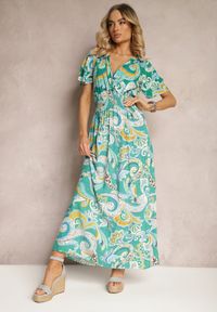 Renee - Zielona Rozkloszowana Sukienka z Bawełny o Kopertowym Kroju w Print Paisley Piavella. Okazja: na co dzień. Kolor: zielony. Materiał: bawełna. Wzór: paisley, nadruk. Typ sukienki: kopertowe. Styl: elegancki, casual #4