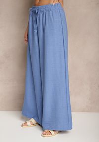 Renee - Niebieskie Szerokie Spodnie High Waist Ozdobione Wiązaniem Telonia. Okazja: na co dzień. Stan: podwyższony. Kolor: niebieski. Wzór: aplikacja. Styl: casual, elegancki #4