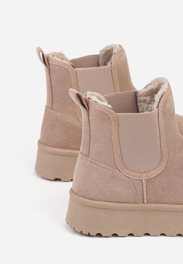 Renee - Ciemnobeżowe Śniegowce na Platformie Typu Sztyblety Ahelina. Okazja: na co dzień. Kolor: beżowy. Materiał: jeans. Obcas: na platformie. Styl: casual