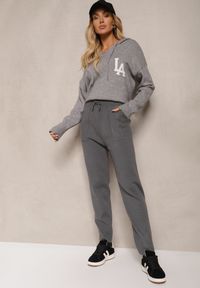 Renee - Ciemnoszare Spodnie z Bawełną High Waist Ozdobione Sznurkiem Venaline. Okazja: na co dzień. Stan: podwyższony. Kolor: szary. Materiał: bawełna. Wzór: aplikacja. Styl: klasyczny, casual