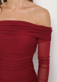 Born2be - Bordowa Taliowana Sukienka Typu Hiszpanka z Transparentnymi Wstawkami Halacia. Okazja: na imprezę. Typ kołnierza: dekolt hiszpanka. Kolor: czerwony. Styl: elegancki #6