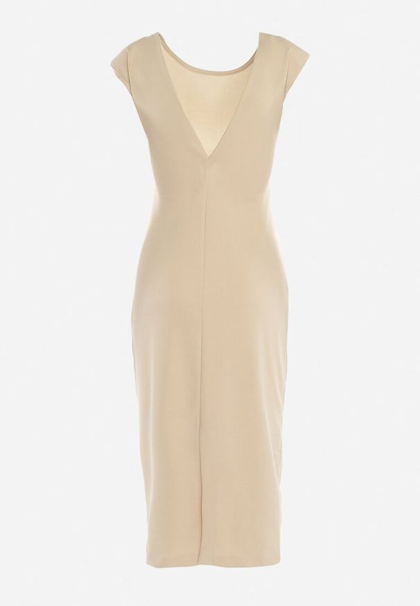 Born2be - Beżowa Taliowana Sukienka Bez Rękawów z Ozdobnym Marszczeniem Lunala. Okazja: na co dzień. Kolor: beżowy. Materiał: skóra. Długość rękawa: bez rękawów. Styl: casual