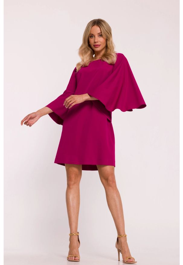 Stylove - Elegancka sukienka trapezowa z bufiastymi rękawami fiolet. Kolor: zielony. Typ sukienki: trapezowe. Styl: elegancki