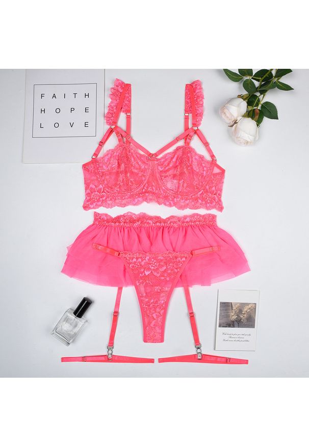 Intica - Komplet bielizny z falbanką i koronką dla kobiet Leontine. Kolor: różowy. Materiał: koronka. Wzór: koronka