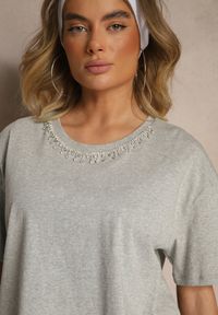 Renee - Szary T-shirt z Bawełny z Cyrkoniami Fadeola. Okazja: na co dzień. Kolor: szary. Materiał: bawełna. Styl: klasyczny, elegancki, casual