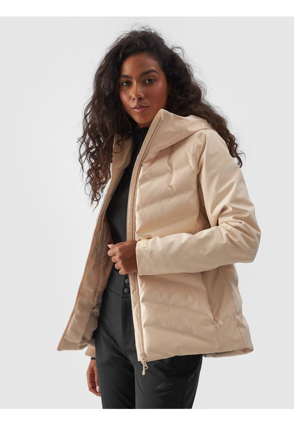 4f - 4F Kurtka narciarska membrana 10000 damska - beżowa XS. Okazja: na co dzień. Typ kołnierza: kaptur. Kolor: beżowy. Materiał: poliester, dzianina, materiał, tkanina. Wzór: gładki. Sezon: zima. Styl: klasyczny, casual, sportowy