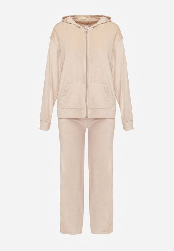 Renee - Jasnobeżowy Welurowy Komplet Dresowy z Bluzą i Szerokimi Spodniami Anelivs. Kolor: beżowy. Materiał: welur, dresówka