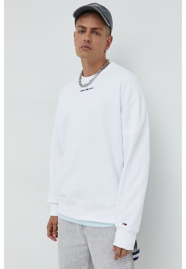 Tommy Jeans bluza bawełniana męska kolor biały gładka. Kolor: biały. Materiał: bawełna. Wzór: gładki