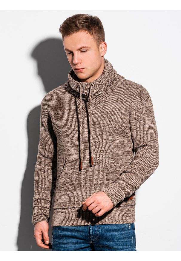 Ombre Clothing - Sweter męski E152 - beżowy - XXL. Typ kołnierza: kołnierzyk stójkowy. Kolor: beżowy. Materiał: akryl. Wzór: ze splotem