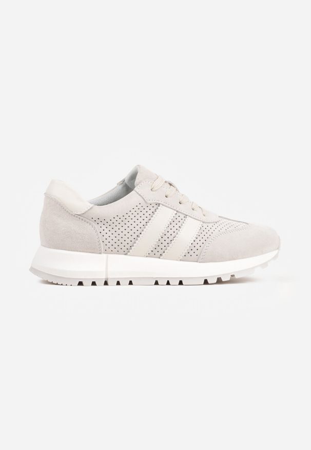 Born2be - Jasnoszare Zamszowe Sneakersy Ozdobione Perforacją i Paskami Semielle. Okazja: na spacer, na co dzień. Zapięcie: pasek. Kolor: szary. Materiał: zamsz. Wzór: aplikacja. Sport: turystyka piesza