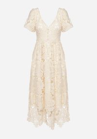 Born2be - Jasnobeżowa Sukienka Koronkowa z Krótkim Bufiastym Rękawem Ulessa. Okazja: na imprezę. Kolor: beżowy. Materiał: koronka #5