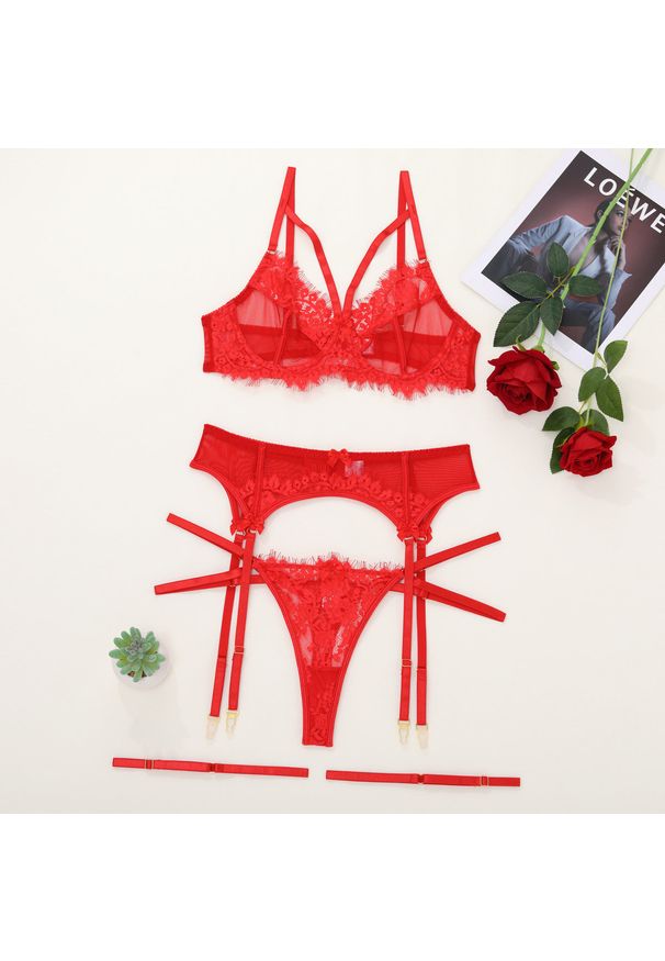 Intica - Koronkowy zestaw bielizny z pasem do pończoch na romantyczne okazje Elie. Kolor: czerwony. Materiał: koronka. Wzór: koronka