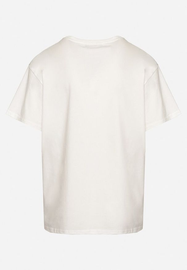 Born2be - Biały T-shirt z Bawełny Ozdobiony Haftowanym Napisem z Cekinami Marisiana. Okazja: na co dzień. Kolor: biały. Materiał: bawełna. Wzór: napisy, haft, aplikacja. Styl: glamour, casual, klasyczny