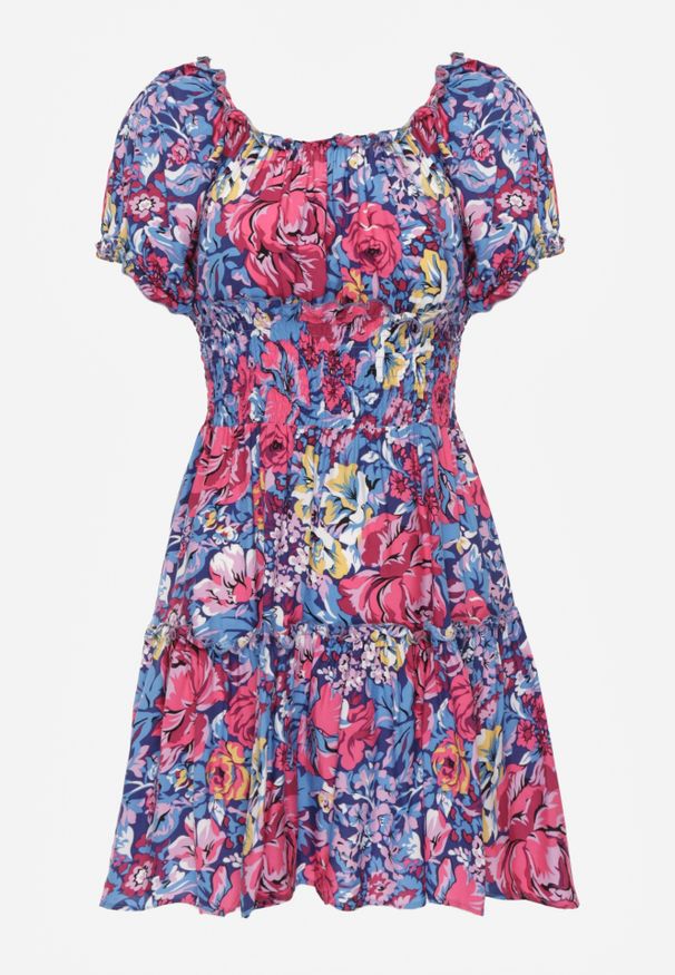 Renee - Granatowa Rozkloszowana Sukienka Mini z Gumkami w Pasie i Krótkimi Rękawami z Wiskozy Merrelle. Typ kołnierza: dekolt hiszpanka, kołnierz z falbankami. Kolor: niebieski. Materiał: wiskoza. Długość rękawa: krótki rękaw. Sezon: wiosna, lato. Długość: mini