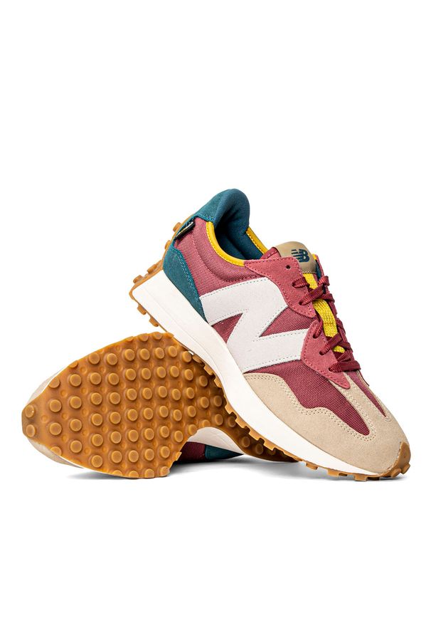 Sneakersy męskie multikolor New Balance MS327WT1. Zapięcie: pasek. Kolor: wielokolorowy. Materiał: skóra, materiał, guma, zamsz. Szerokość cholewki: normalna. Wzór: aplikacja, paski, kolorowy. Sport: bieganie