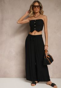 Renee - Czarne Szerokie Spodnie z Wiskozy ze Sznurkiem Natisetia. Okazja: na co dzień. Kolor: czarny. Materiał: wiskoza. Styl: elegancki, casual