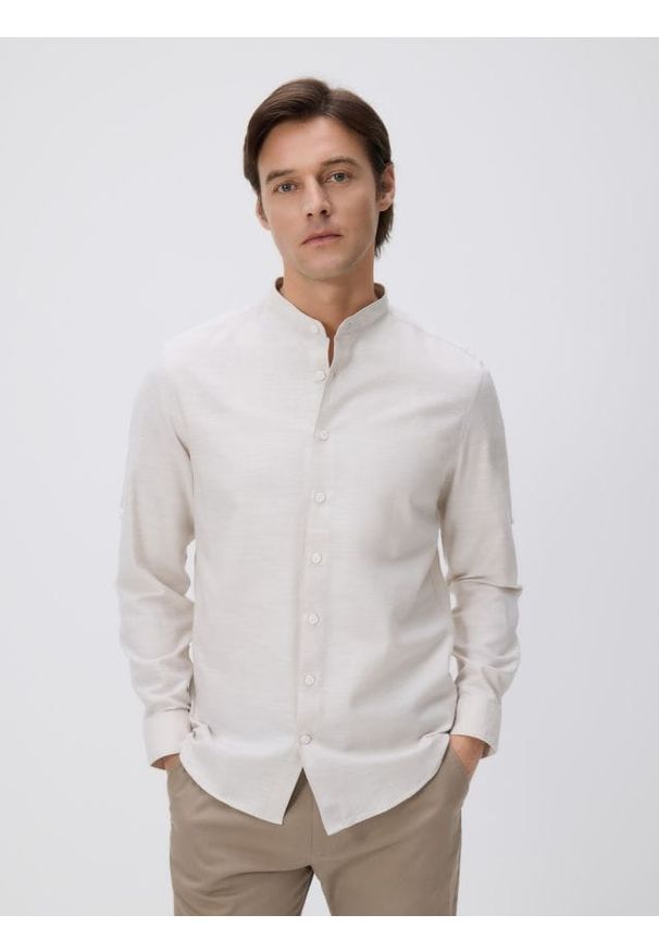 Reserved - Bawełniana koszula slim fit - beżowy. Kolor: beżowy. Materiał: bawełna