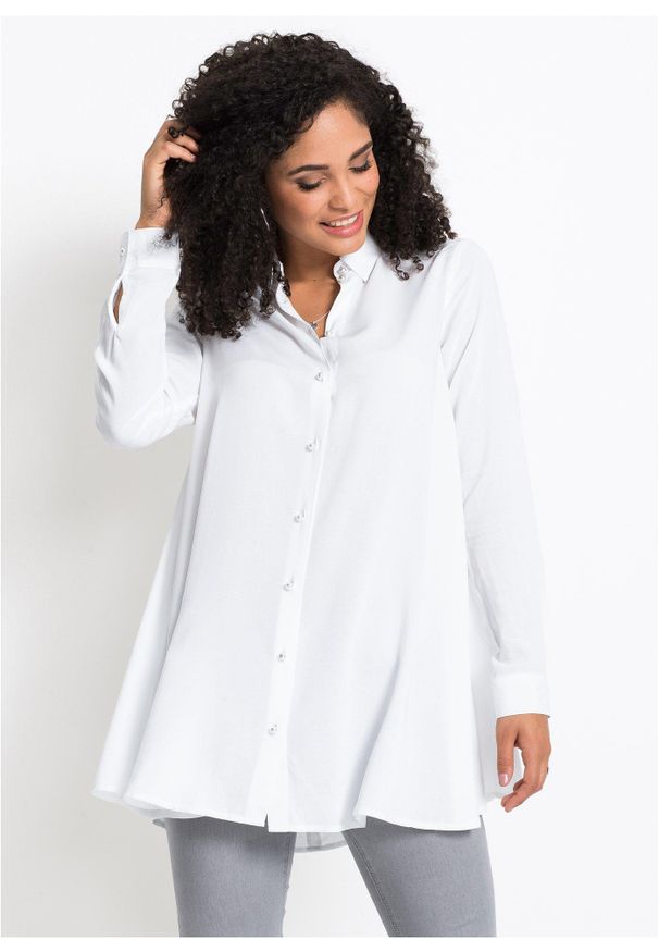 bonprix - Bluzka z czystej wiskozy. Typ kołnierza: dekolt w serek. Kolor: biały. Materiał: wiskoza. Długość: długie. Styl: elegancki