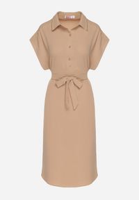 Born2be - Jasnobrązowa Sukienka z Bawełną i Ozdobnym Paskiem Savanire. Okazja: na co dzień. Kolor: brązowy. Materiał: bawełna. Typ sukienki: koszulowe. Styl: elegancki, casual, klasyczny #3