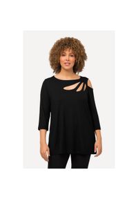 ULLA POPKEN - Damskie Bluzka wycięcia krój trapezowy dekolt w łódkę rękaw 3/4. Typ kołnierza: dekolt w łódkę. Kolekcja: plus size. Kolor: czarny. Materiał: wiskoza, elastan, materiał #1