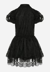 Born2be - Czarna Koronkowa Sukienka Mini w Kwiaty z Bufiastymi Rękawami Cervi. Kolor: czarny. Materiał: koronka. Wzór: kwiaty. Długość: mini #3